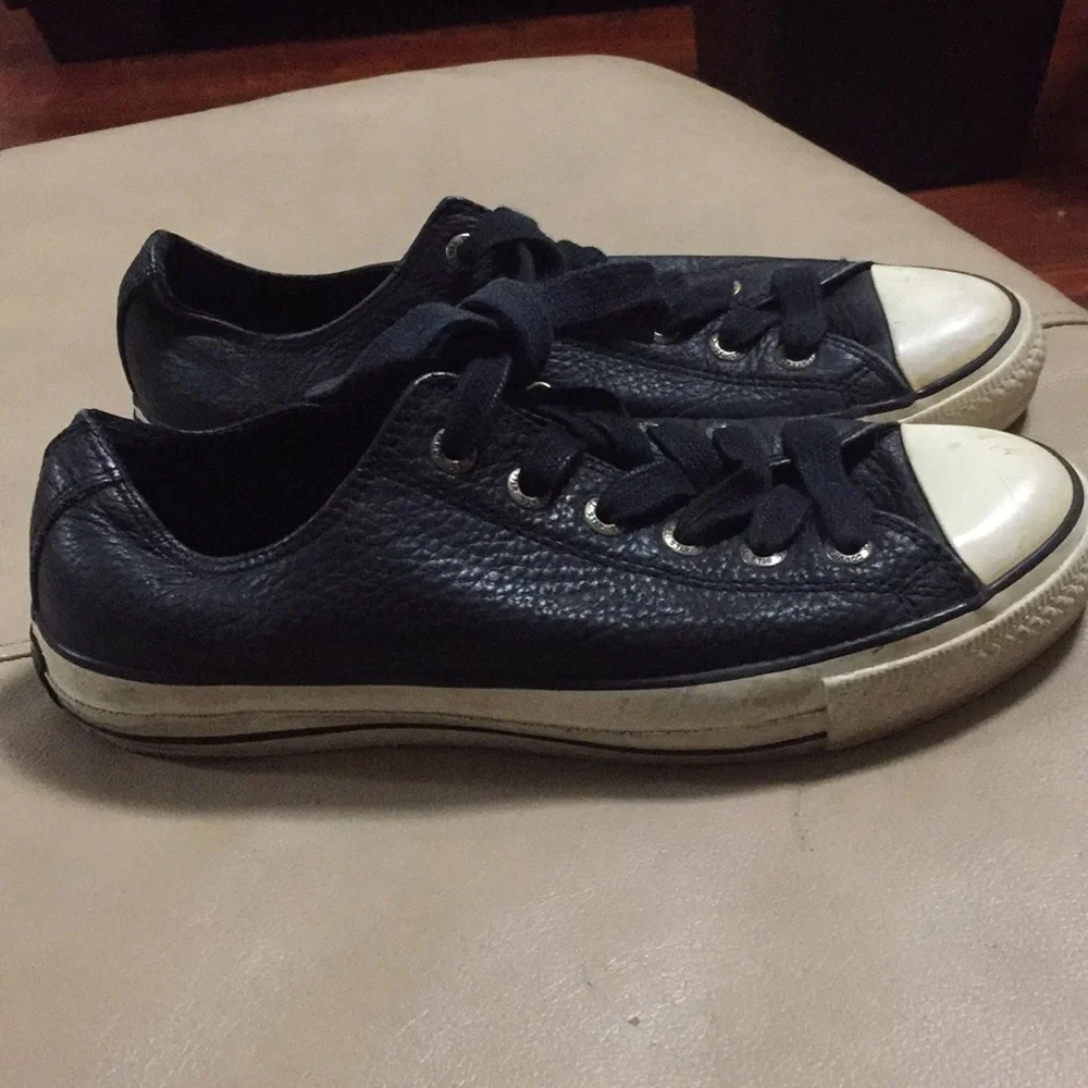 Converse Black Leather Low-Top Sneakers with White Toe Caps - Picture 2 of 7